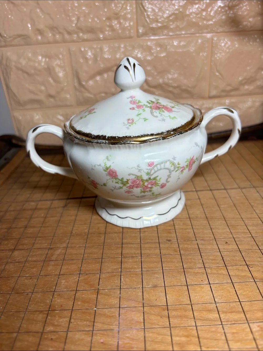 Pope Gosser USA Tureen and Sugar Bowl w Lids Pink Roses Gold Trim Vintage Decor